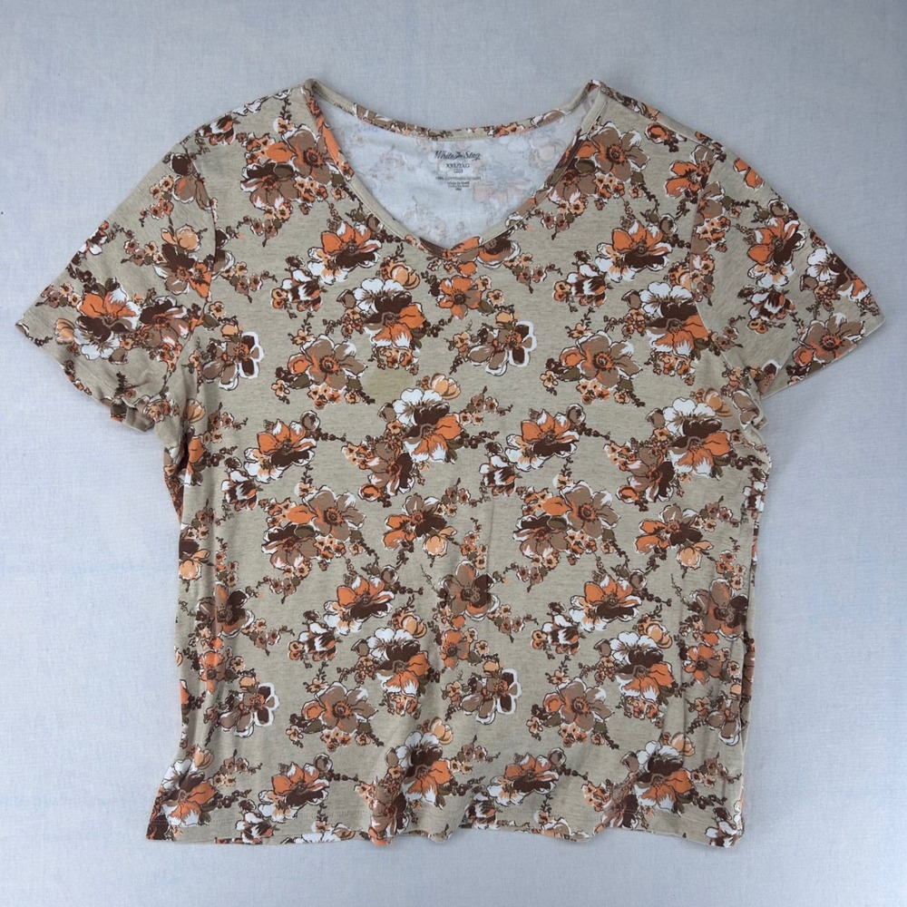 White Stag Womens XXL Floral V-Neck Short Sleeve Cotton T-Shirt Tan Orange Brown